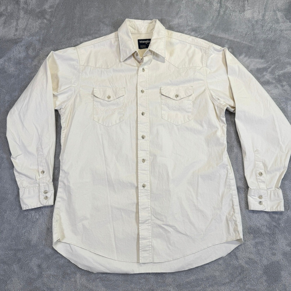 VTG 90s Wrangler Brushpopper Shirt Mens XL Cream Rodeo Regular Fit X-Long Tail